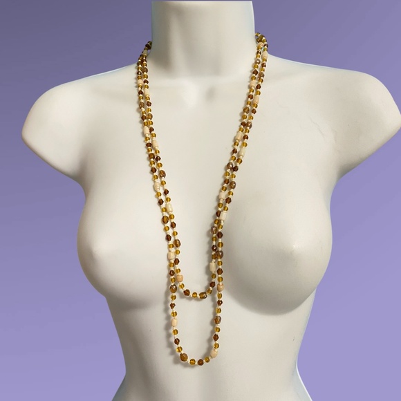 Glass Seed Beads Cream & Browns Long Boho Style Necklace Over-The-Head Artisan - Picture 1 of 6
